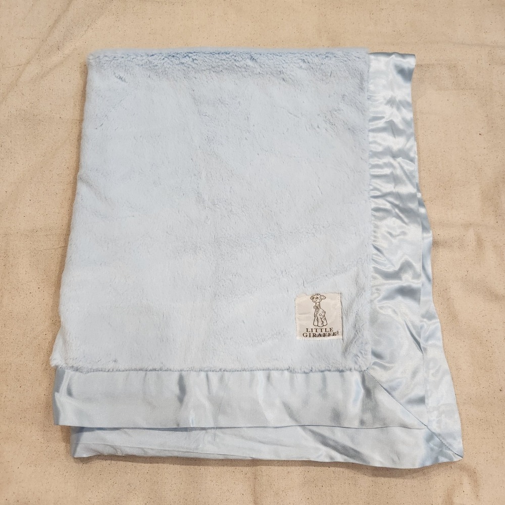 New Little Giraffe Luxe Faux Fur Baby Blanket Blue Satin Border 36" x 29"